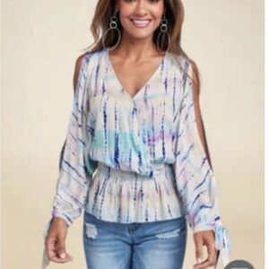 VENUS Blue and Purple Ruched Tie Blouse NWOT size 2